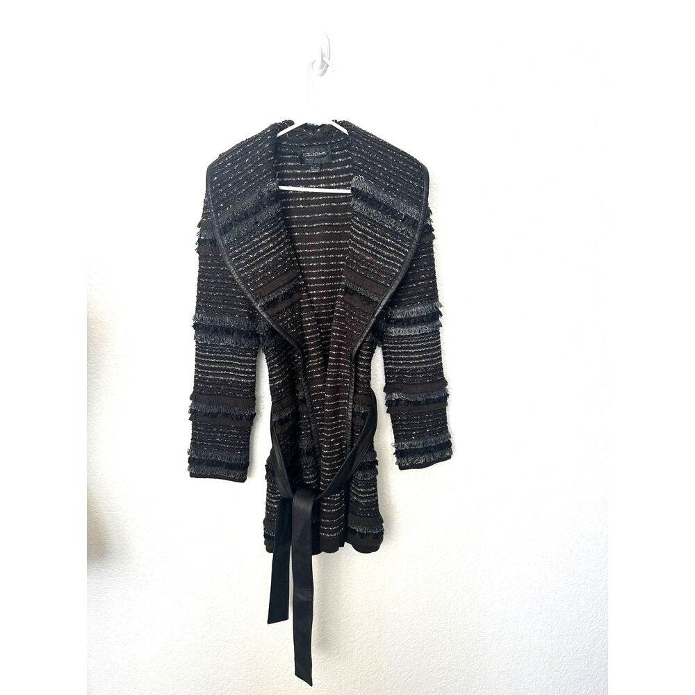 St. John Couture Black Knit Jaquard Jacket Fringe Trim Leather Tie Waist Small